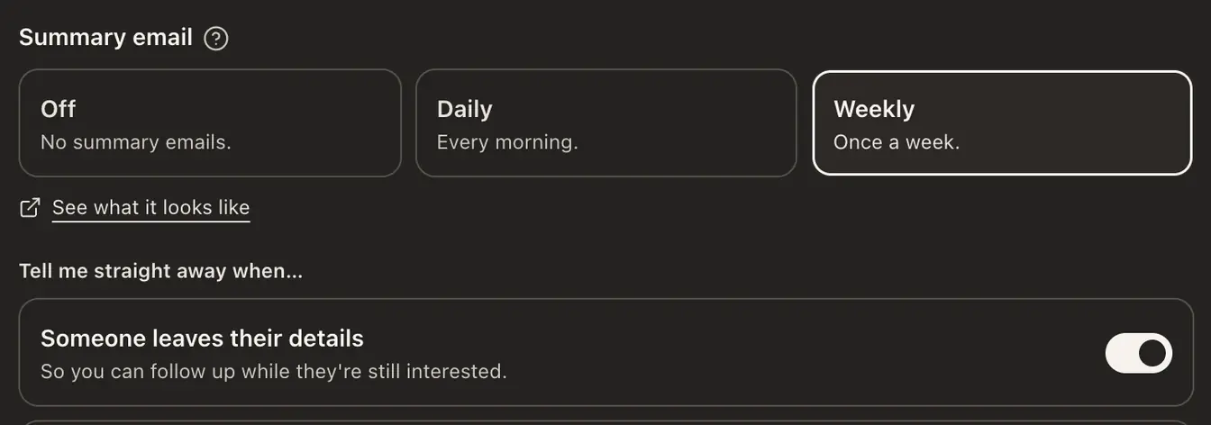 The summary email set to Weekly, See what it looks like, and the first instant alert switched on