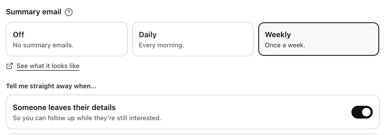 The summary email set to Weekly, See what it looks like, and the first instant alert switched on