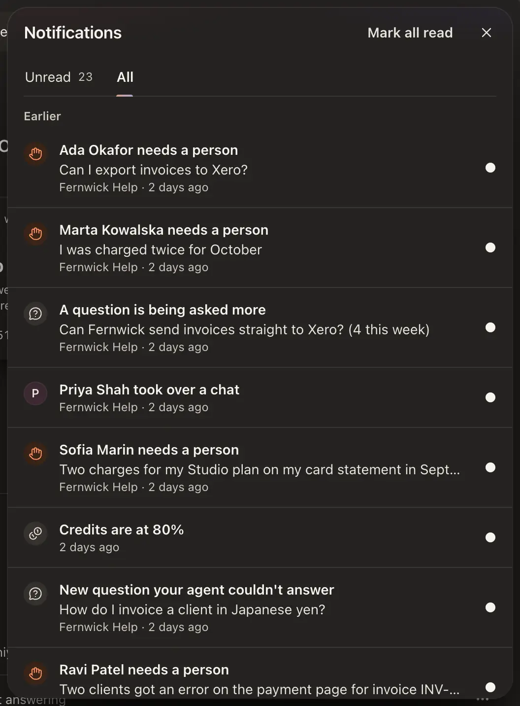 The Notifications drawer open from the bell, with Mark all read, the Unread and All tabs, and recent handovers