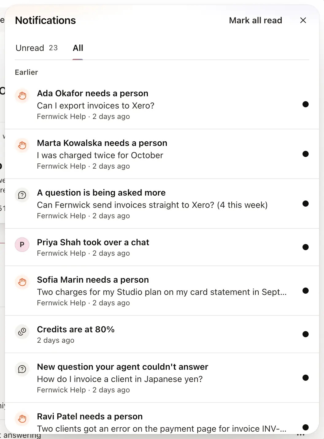 The Notifications drawer open from the bell, with Mark all read, the Unread and All tabs, and recent handovers