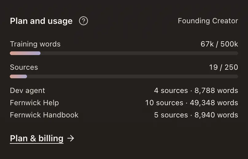 Plan and usage on Home: the plan name, the training words and sources meters, and each agent's share