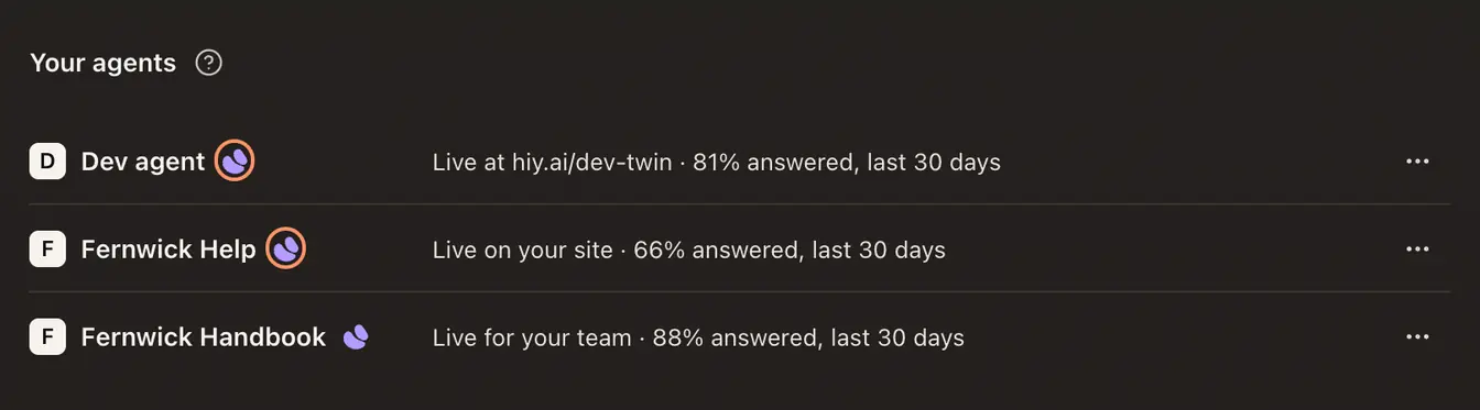 Your agents on Home: three agents, where each is live and the share of questions it answered