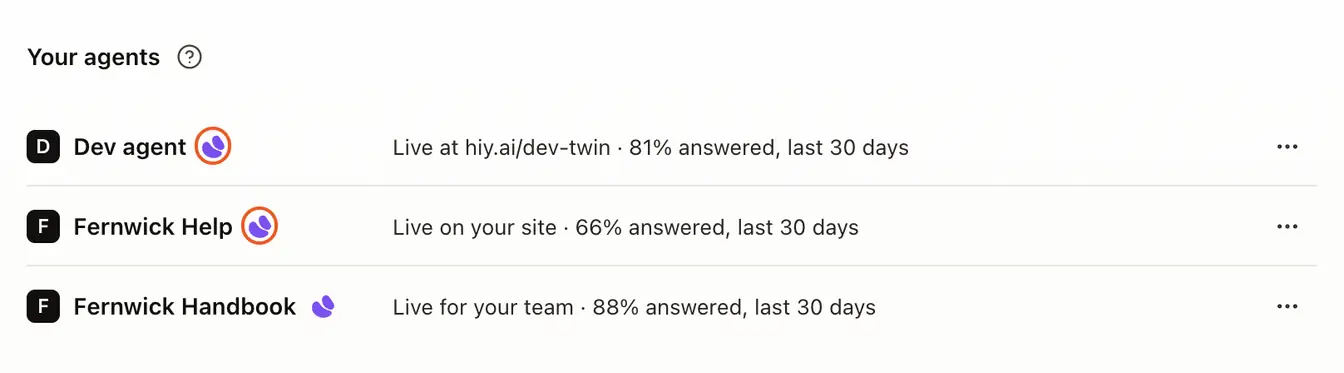 Your agents on Home: three agents, where each is live and the share of questions it answered