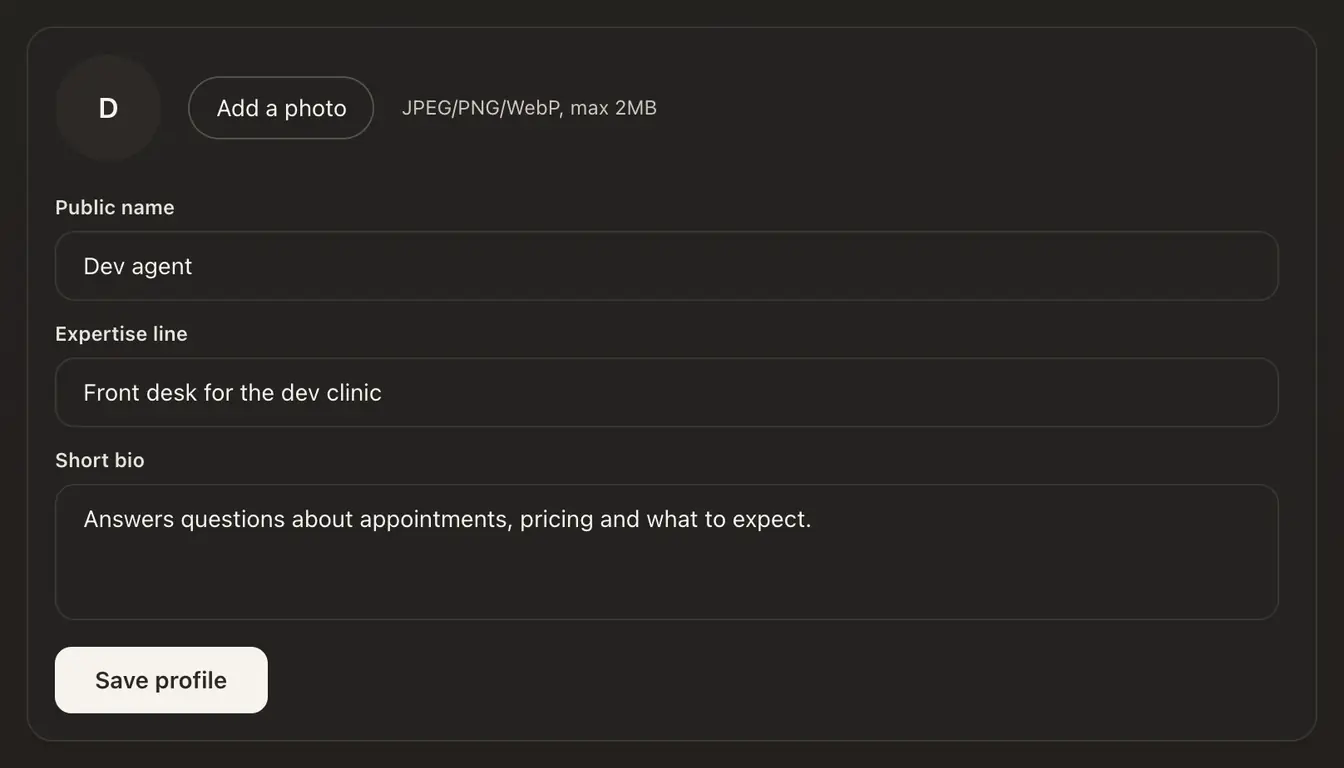 The Profile section with Add a photo, Public name, Expertise line, Short bio and the Save profile button