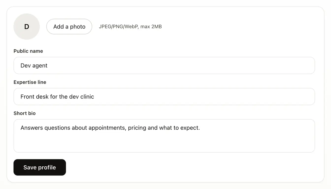 The Profile section with Add a photo, Public name, Expertise line, Short bio and the Save profile button