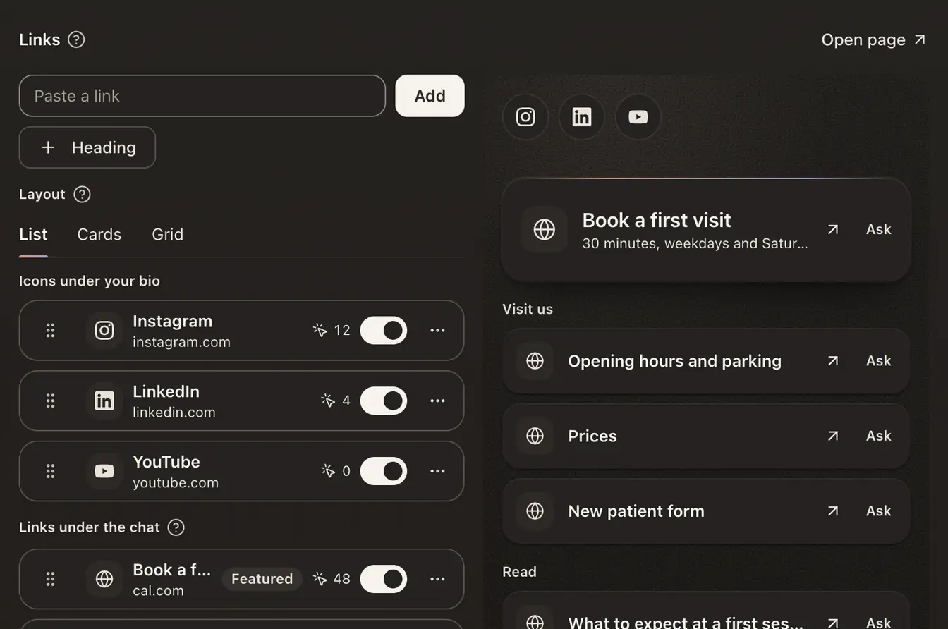 The Links section: a field to paste a link, the Layout row that says Set in Style, the icons under your bio, and a preview of the page