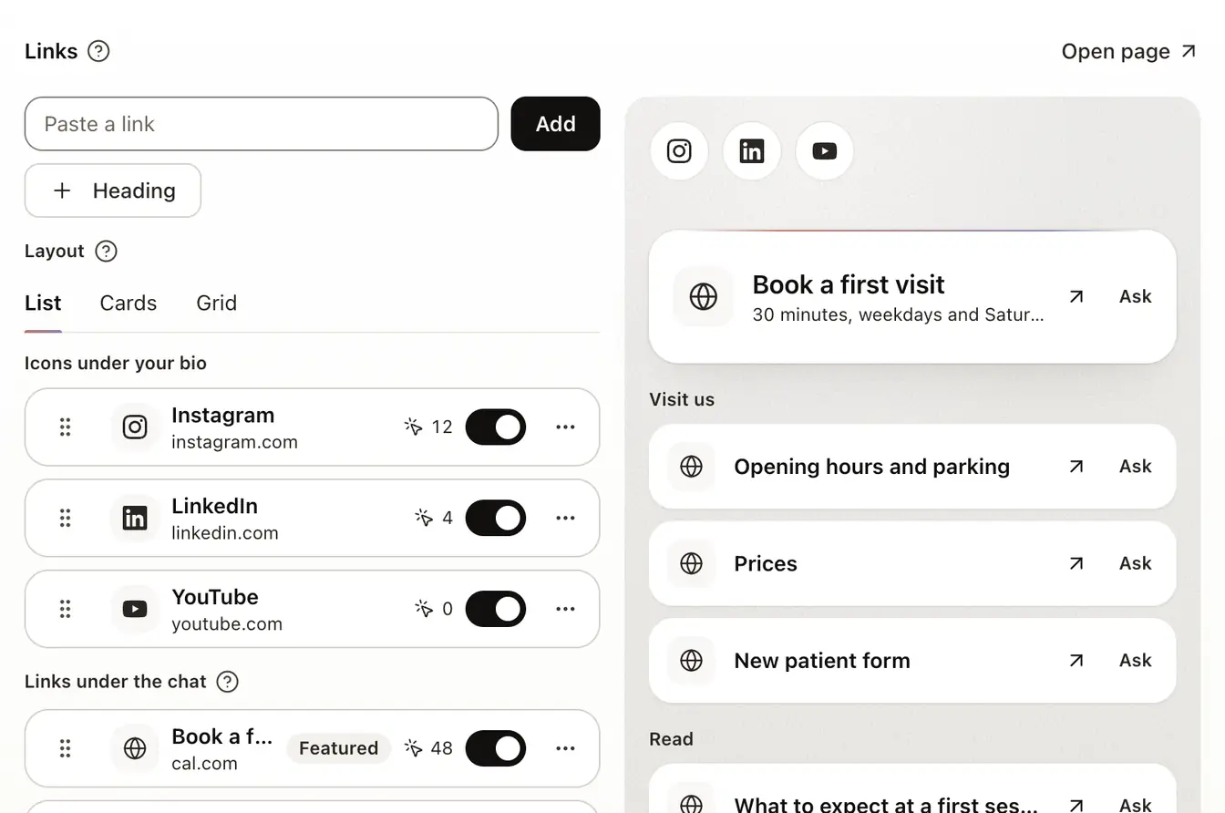 The Links section: a field to paste a link, the Layout row that says Set in Style, the icons under your bio, and a preview of the page