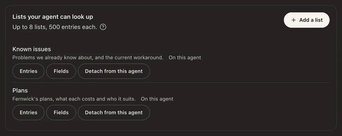 The Lists tab of an agent's Knowledge page, with its lists and the Add a list button