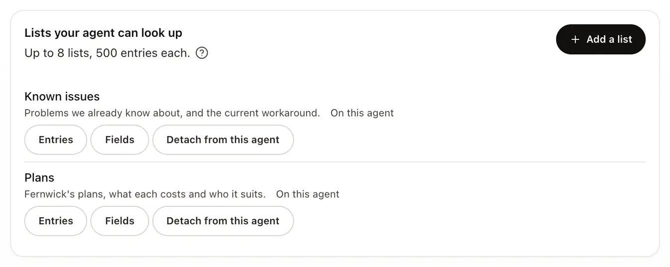 The Lists tab of an agent's Knowledge page, with its lists and the Add a list button
