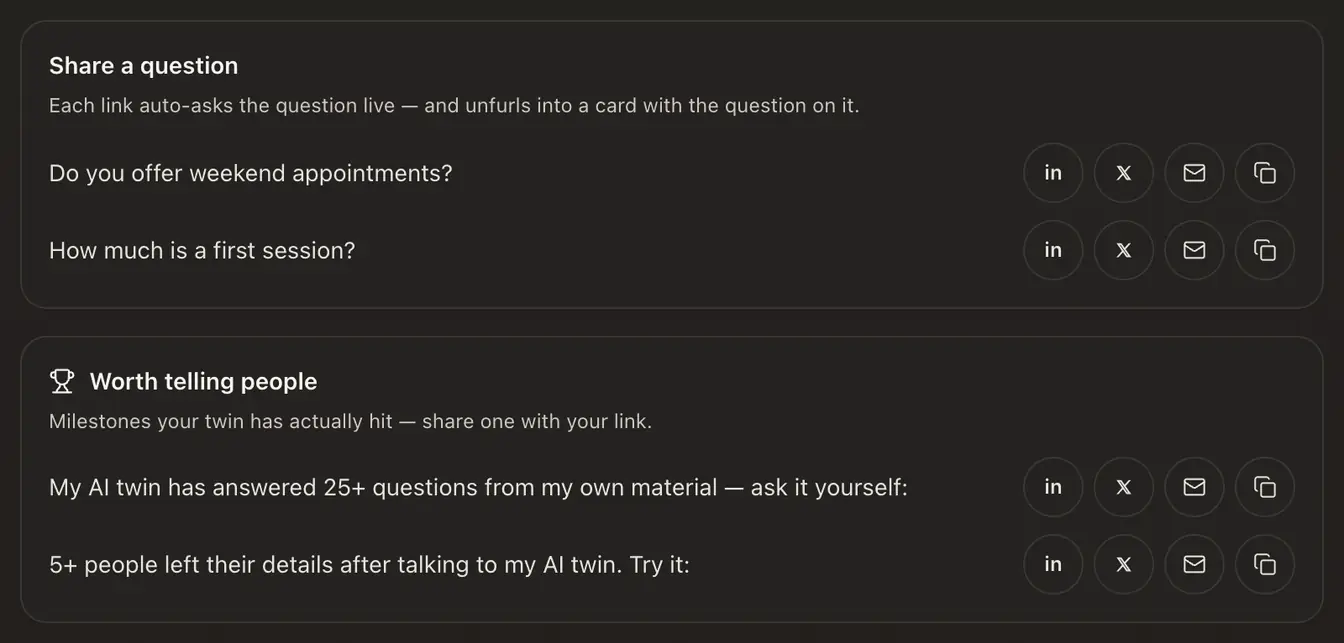 The Share section: each suggested question with its sharing buttons, and milestones worth telling people