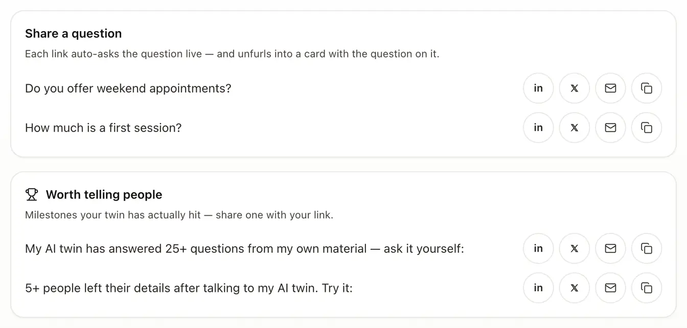 The Share section: each suggested question with its sharing buttons, and milestones worth telling people