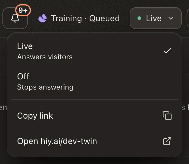 The state menu open in the agent header, showing Live, Off and Copy link