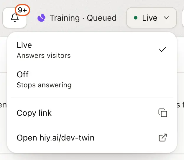 The state menu open in the agent header, showing Live, Off and Copy link
