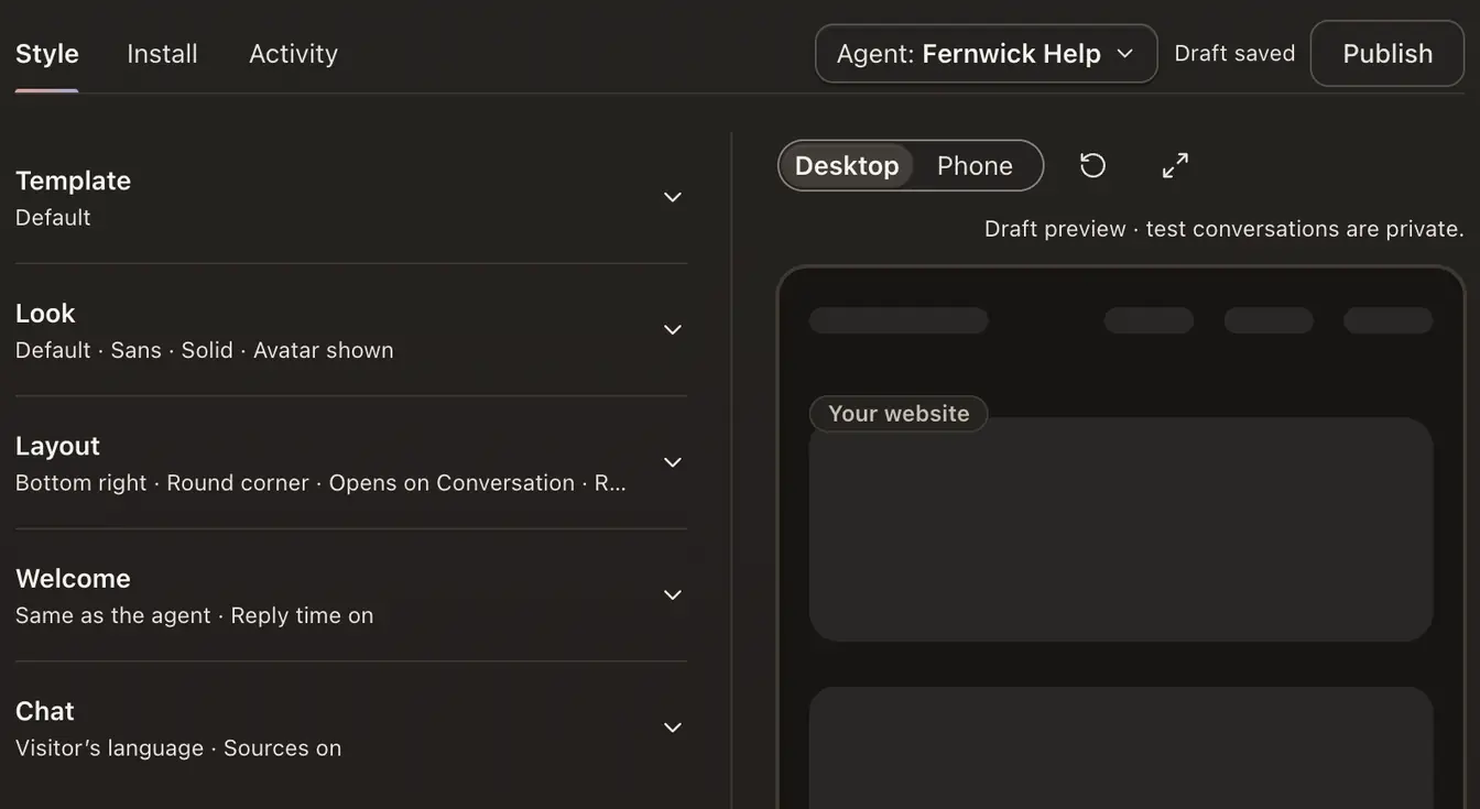 The Bubble's Style tab: the Template, Look, Layout, Welcome and Chat sections beside a live preview, with Save draft and Publish at the top