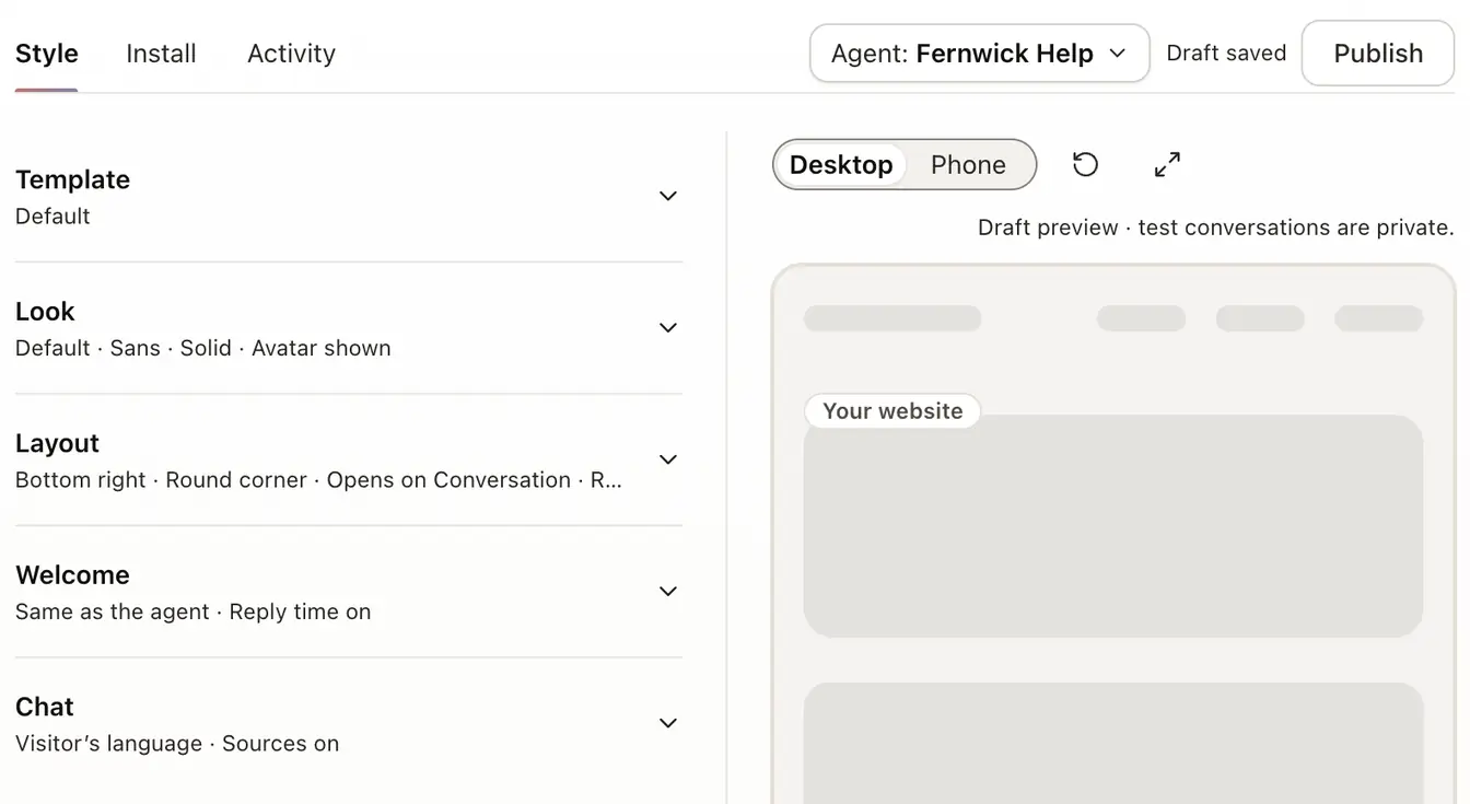 The Bubble's Style tab: the Template, Look, Layout, Welcome and Chat sections beside a live preview, with Save draft and Publish at the top