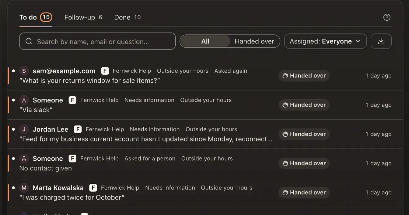 The Inbox To do list of handed-over conversations