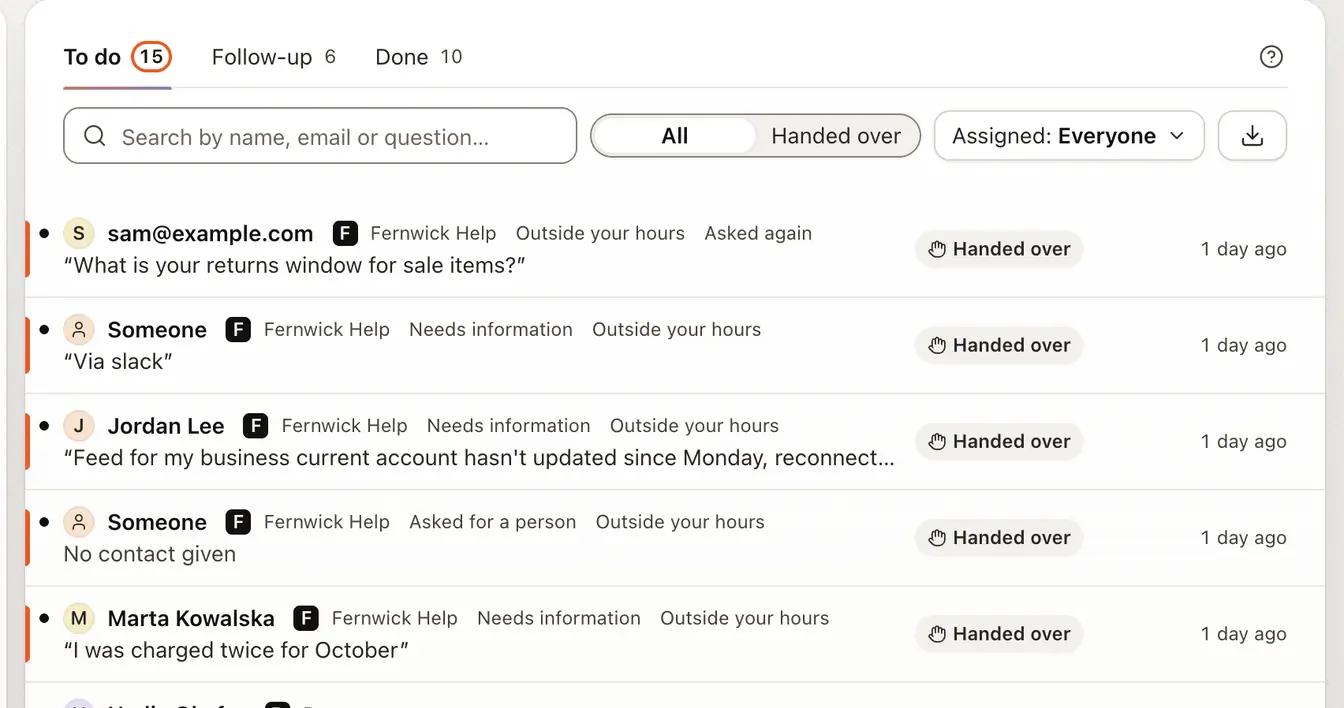 The Inbox To do list of handed-over conversations