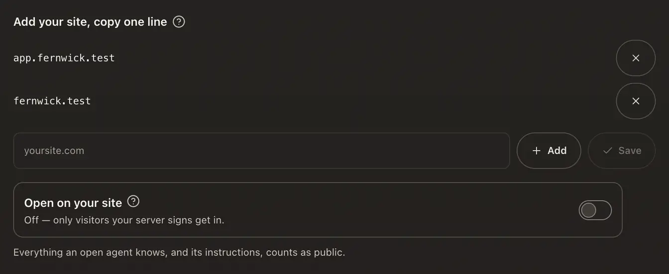 The Install card with two websites and the Open on your site switch