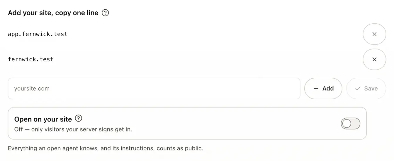 The Install card with two websites and the Open on your site switch