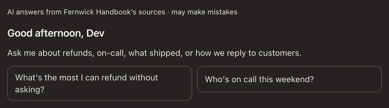 A Team Agent's page as a colleague sees it: an AI label, a greeting by name, and two starting questions