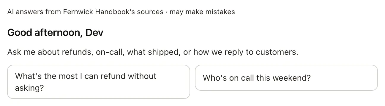 A Team Agent's page as a colleague sees it: an AI label, a greeting by name, and two starting questions