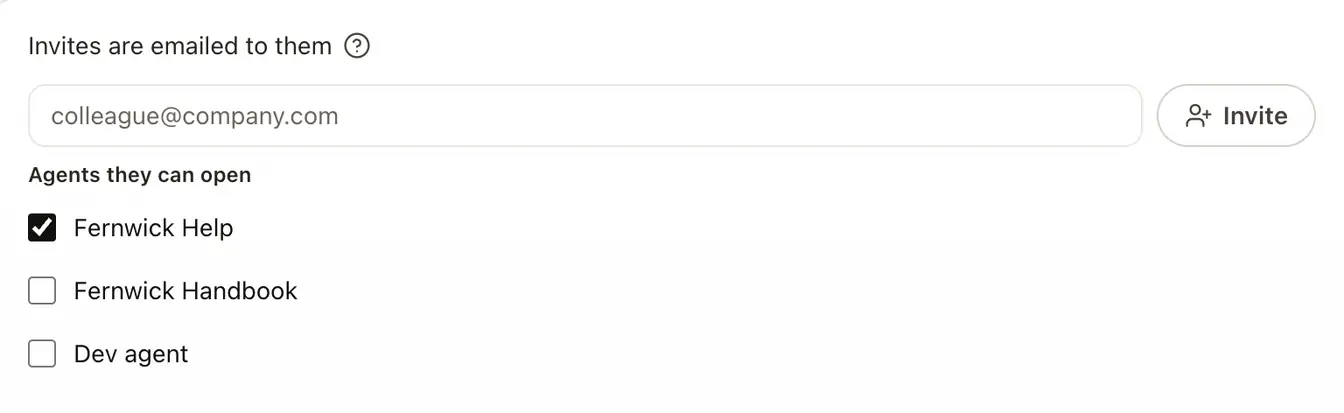 The invite form on Members: an email field, an Invite button, and three agents to tick under Agents they can open