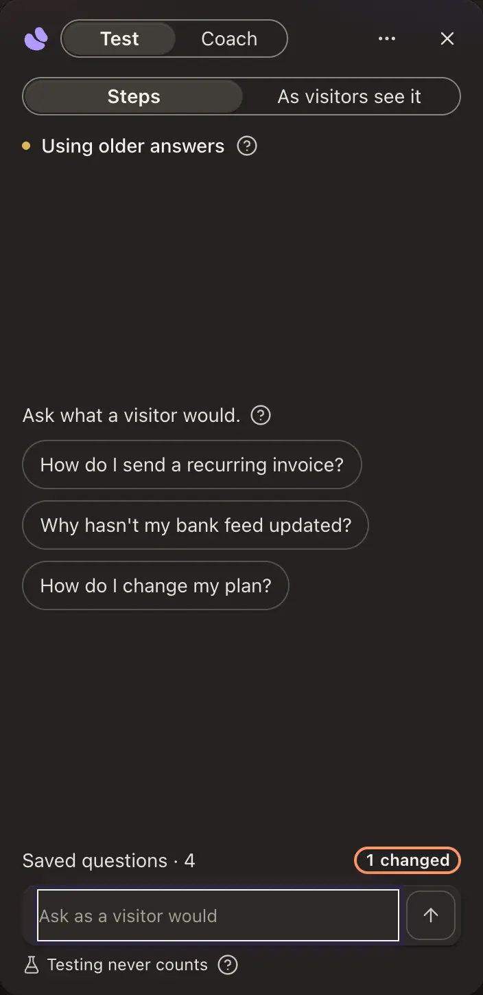 The Test dock: Test and Coach, the Steps and As visitors see it views, three starting questions, Saved questions with 1 changed, and Testing never counts