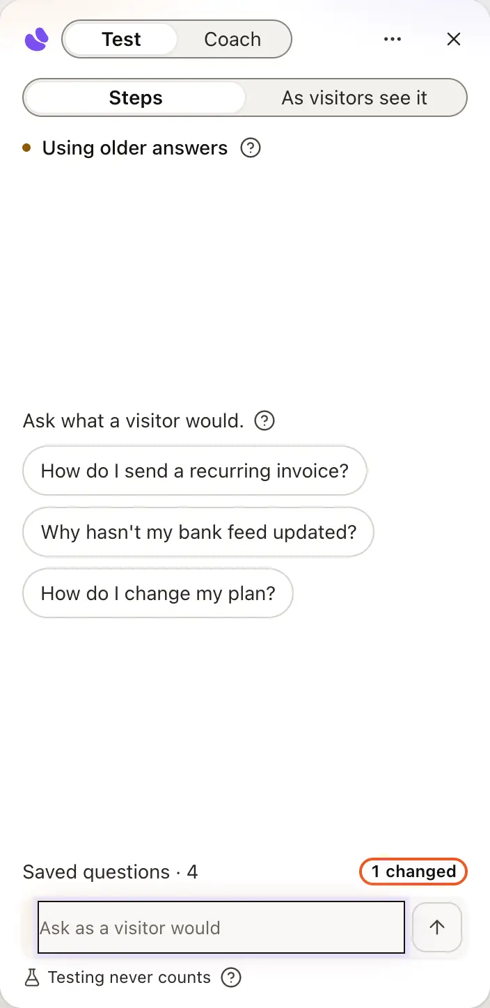 The Test dock: Test and Coach, the Steps and As visitors see it views, three starting questions, Saved questions with 1 changed, and Testing never counts