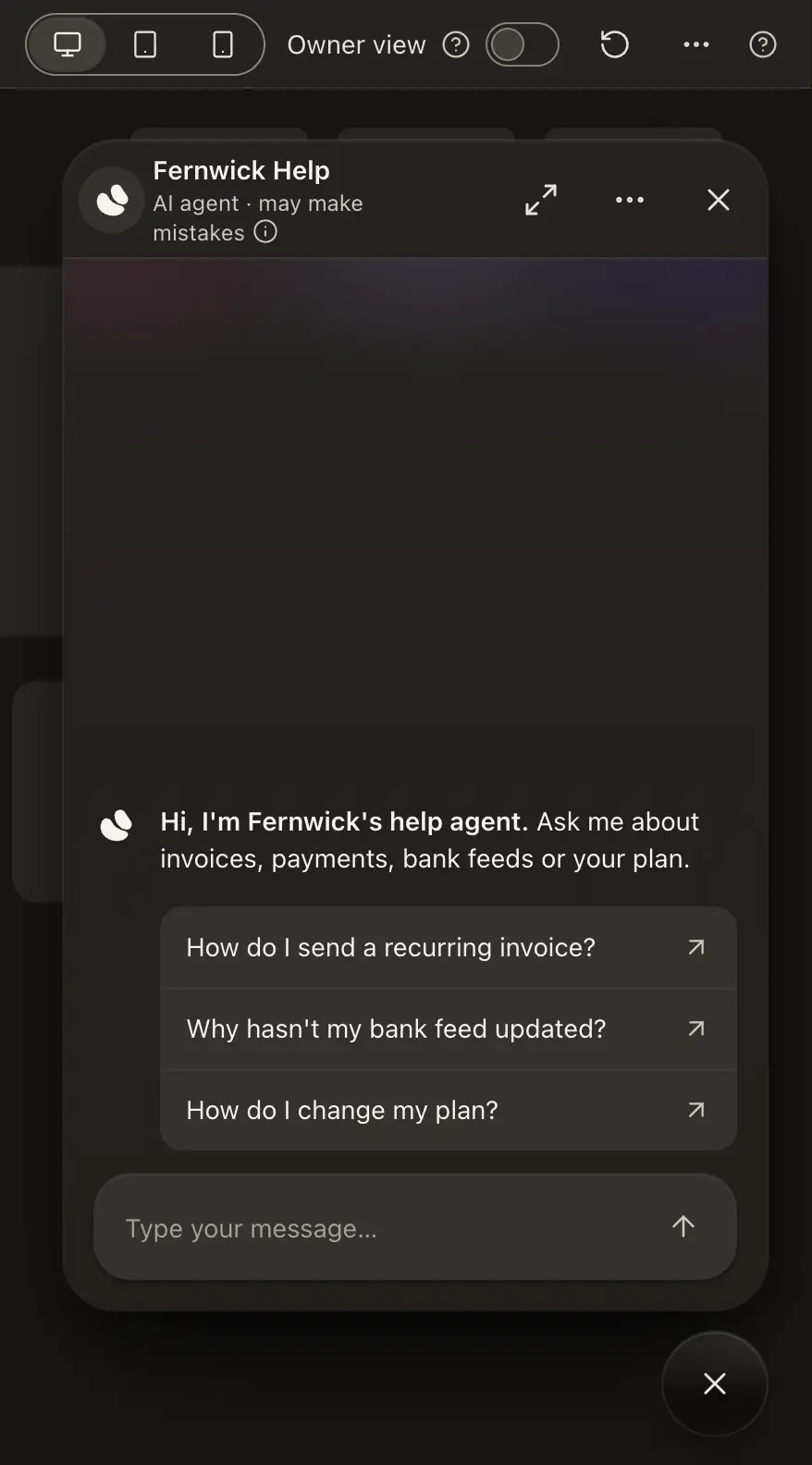 View as visitor: the agent's chat widget open over the Your website page, with the Screen, Owner view and Restart controls above