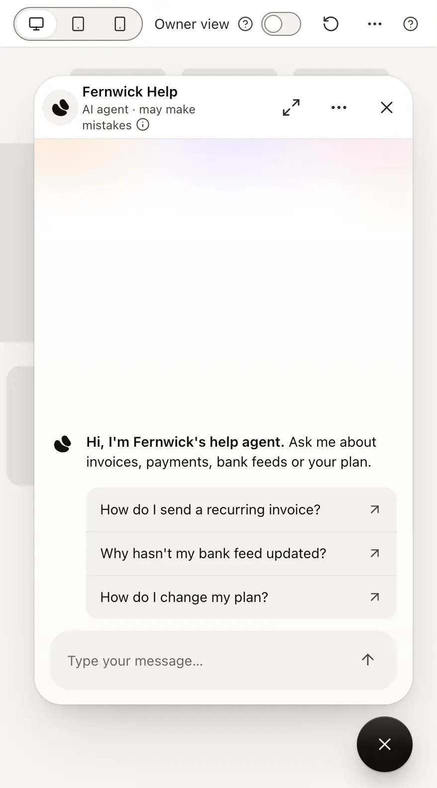 View as visitor: the agent's chat widget open over the Your website page, with the Screen, Owner view and Restart controls above