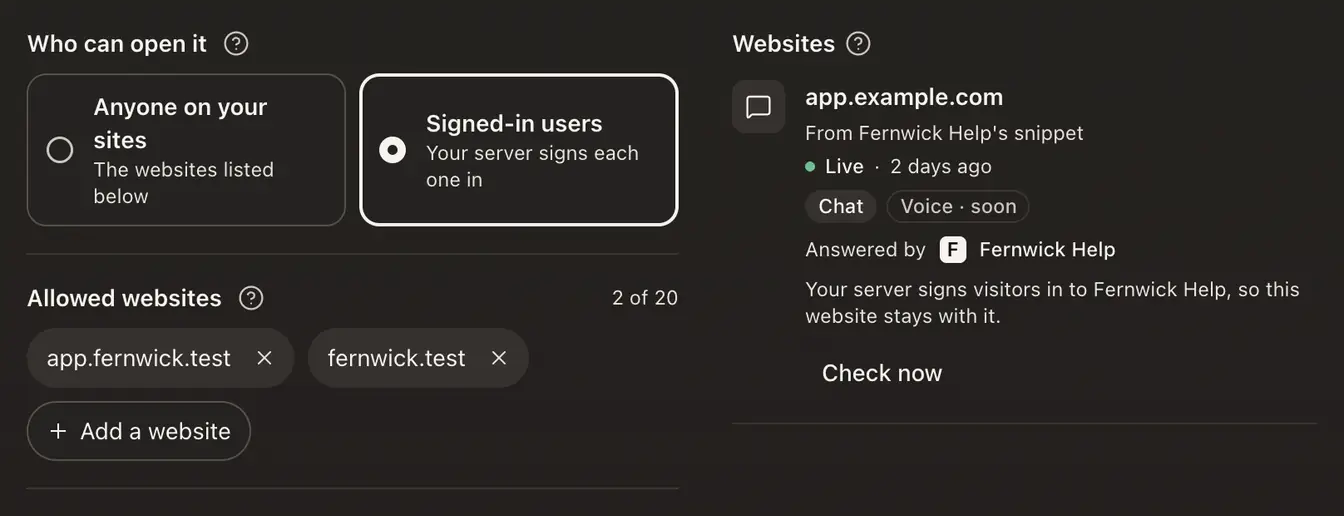 A Bubble's Install tab: Who can open it, Allowed websites, and the Websites list with the agent that answers each site