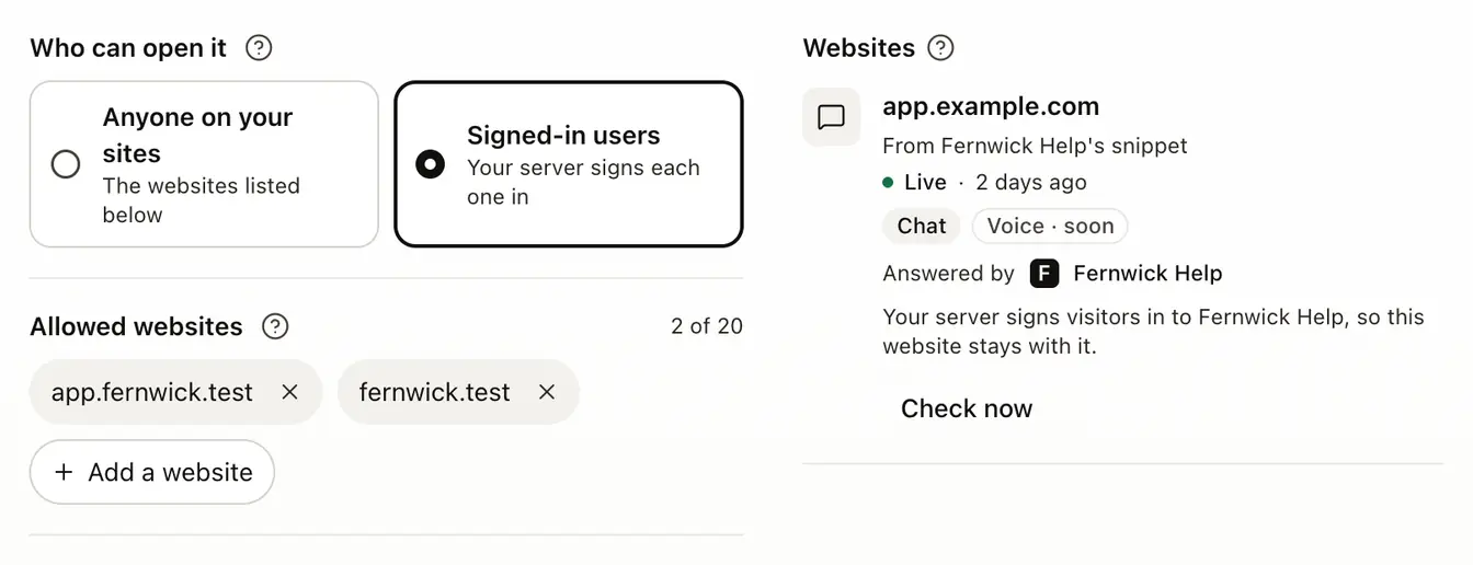 A Bubble's Install tab: Who can open it, Allowed websites, and the Websites list with the agent that answers each site