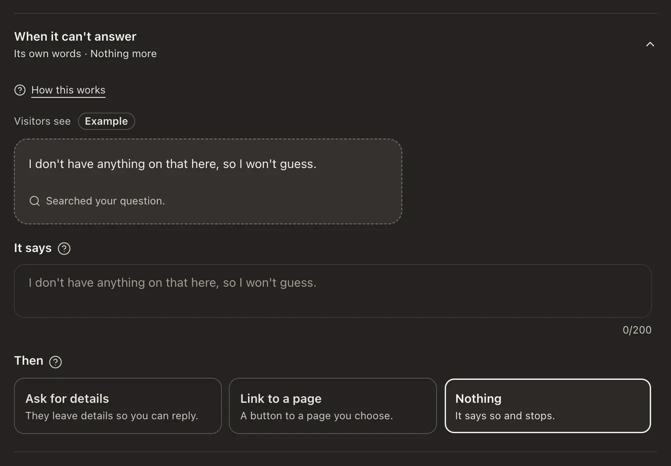 When it can't answer: an example of what visitors see, the It says box, and the Then choices Ask for details, Link to a page and Nothing