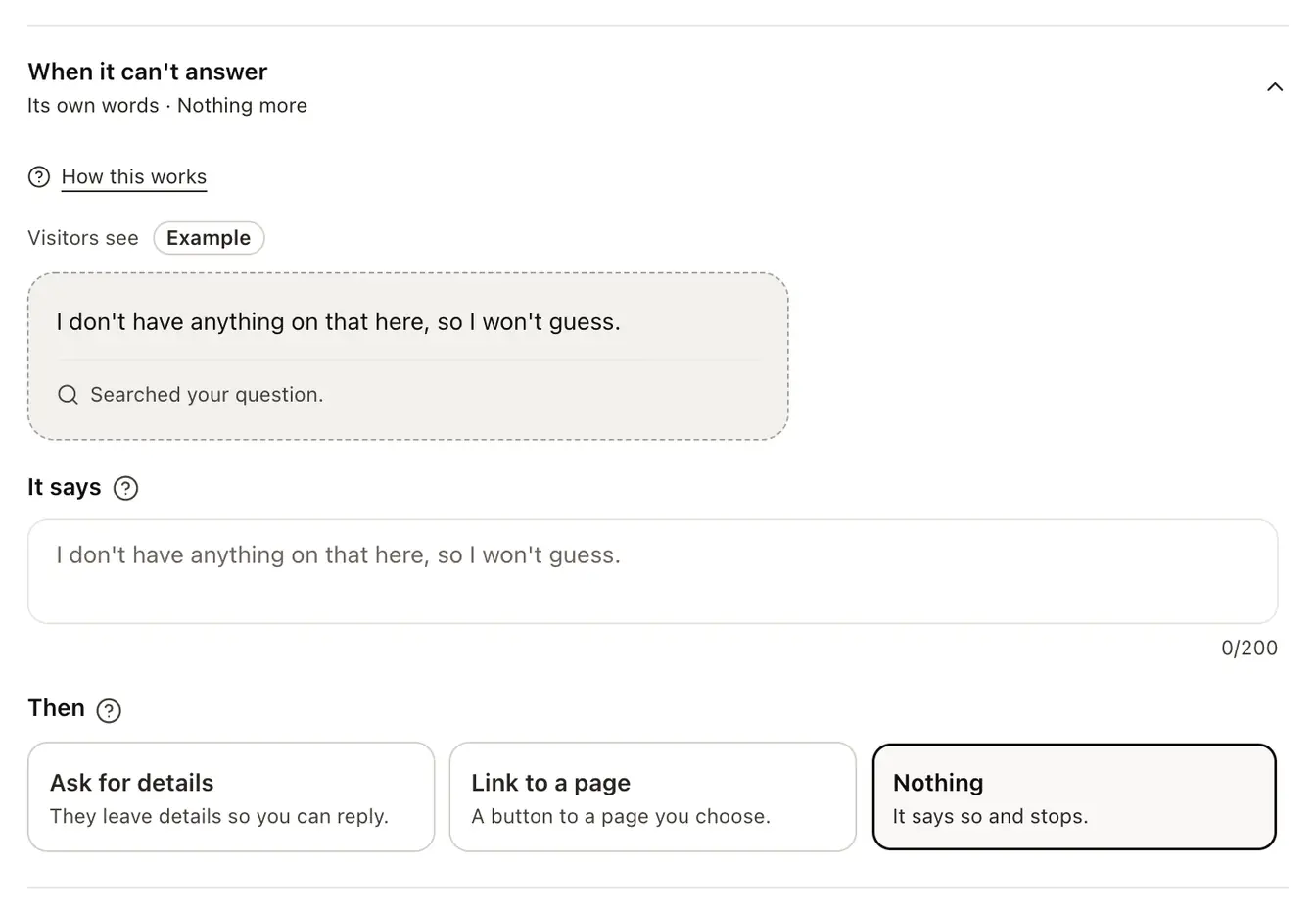 When it can't answer: an example of what visitors see, the It says box, and the Then choices Ask for details, Link to a page and Nothing