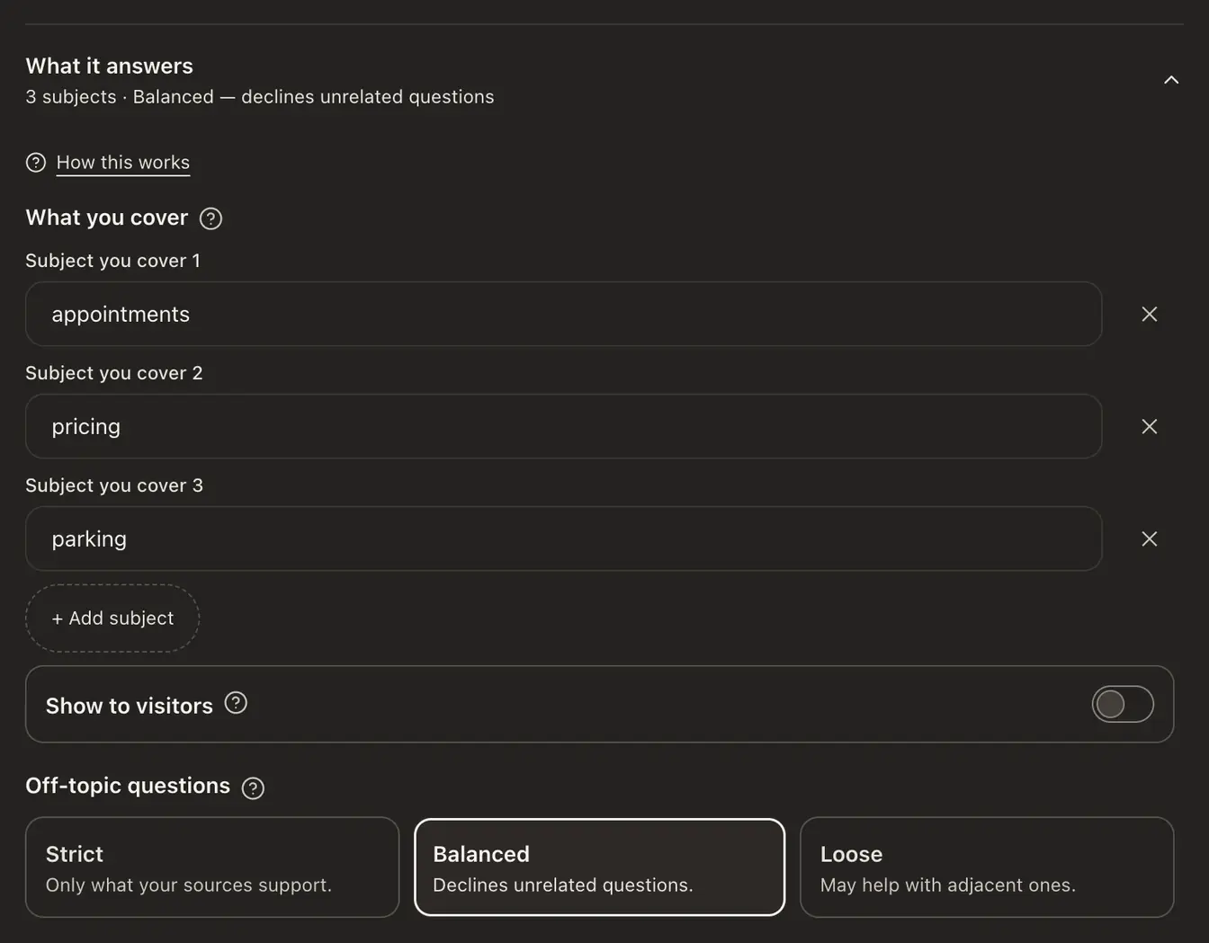 The What it answers group in Settings: three subjects under What you cover, Show to visitors, and the Strict, Balanced and Loose choices for Off-topic questions