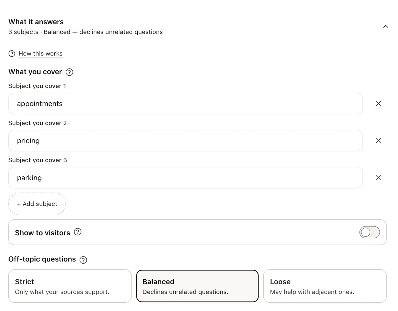 The What it answers group in Settings: three subjects under What you cover, Show to visitors, and the Strict, Balanced and Loose choices for Off-topic questions