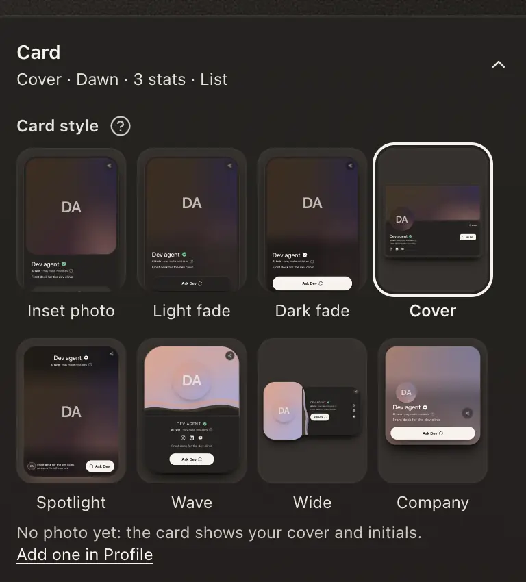 The Card section of an Expert Twin's page Style: eight card styles, Inset photo, Light fade, Dark fade, Cover, Spotlight, Wave, Wide and Company