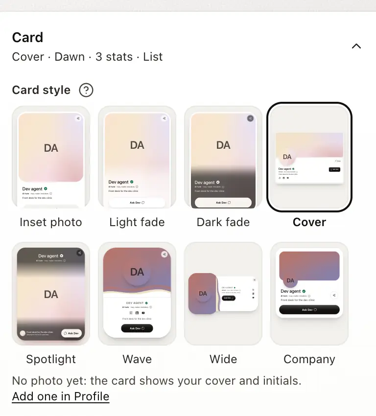 The Card section of an Expert Twin's page Style: eight card styles, Inset photo, Light fade, Dark fade, Cover, Spotlight, Wave, Wide and Company
